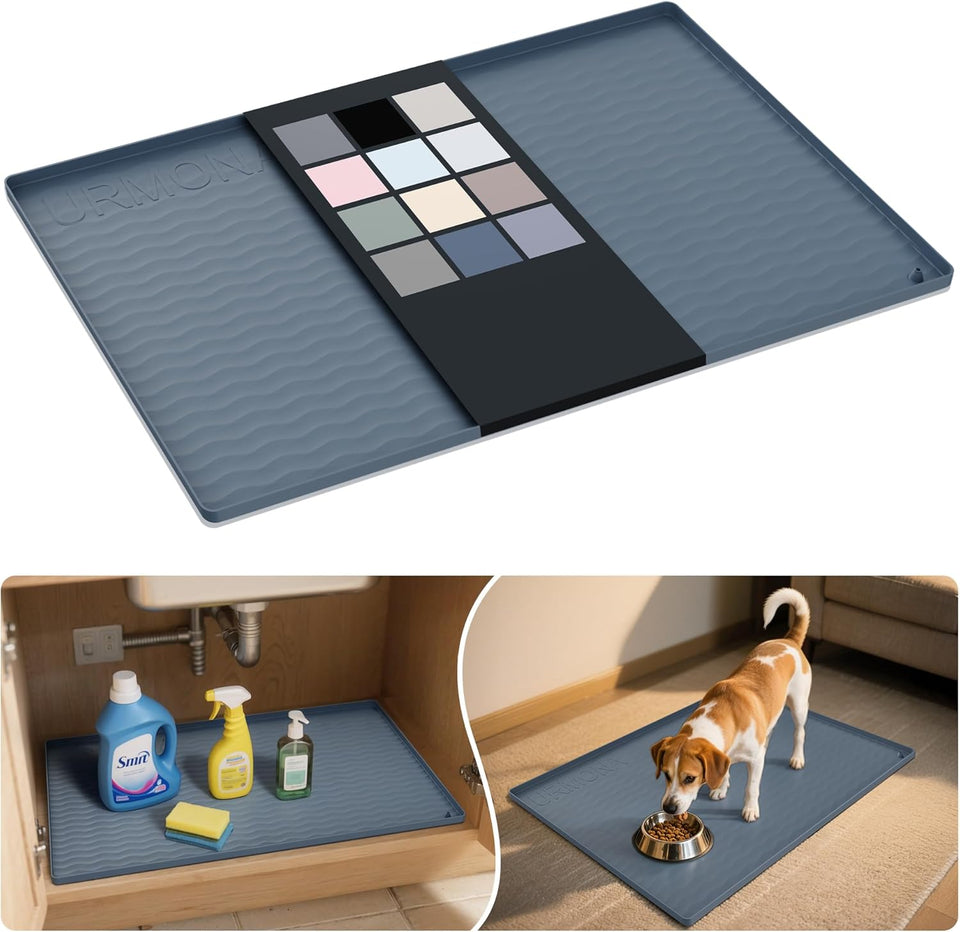 URMONA Waterproof Silicone Under Sink Mat 31'' x 22'' Shelf Liner for Kitchen and Bathroom, Cabinet and Counter Protector, Storage and Organizers, Litter Mat, Pet Cat PLppy Essentials(Dark Grey)