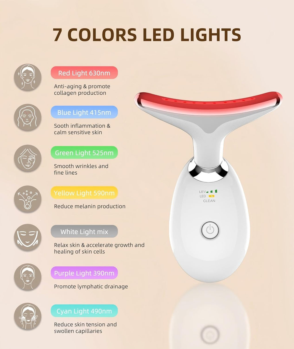 7 Color Face and Neck Massager Light Therapy, Red Light Based Facial Massager for Skin Care, Smoothing, Firming (White)