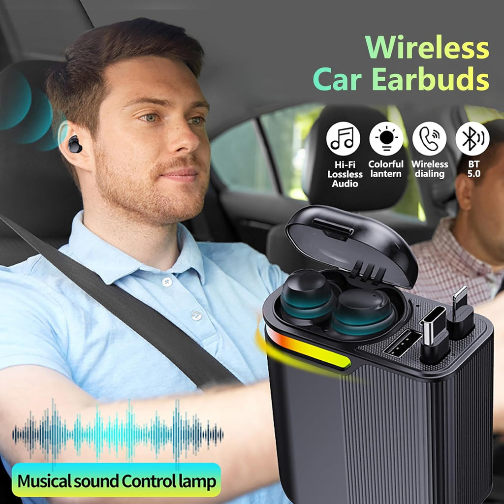MLVOC 120W Fast Charging Car Charger with Earbuds, Retractable 4-in-1 USB-C & Lightning for iPhone & Android (Black) - ShopUS