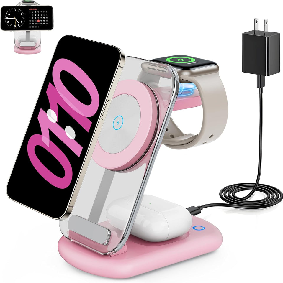 2025 Traveling Wireless Mag-Safe Fast Charging Station,Magnetic 3 in 1 Charger with Light for iPhone 17 16 15 14 13 12 Pro Max Plus,Apple Watch& Air pods 4 3 2 Pro-Gifts for Wife & Husband(White) - ShopUS