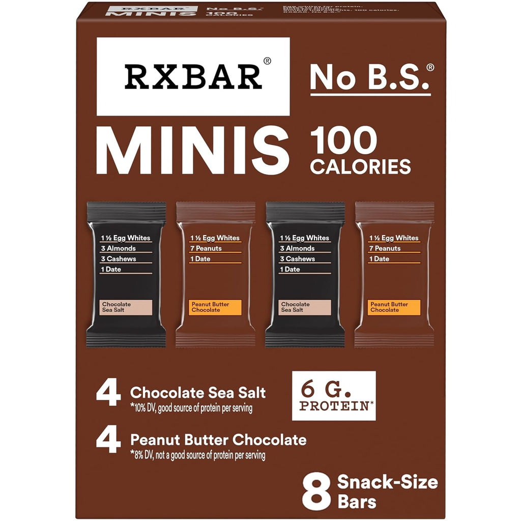 rxbar mini protein bars, 7.3oz box, 8 count, variety pack, peanut butter chocolate and chocolate sea salt