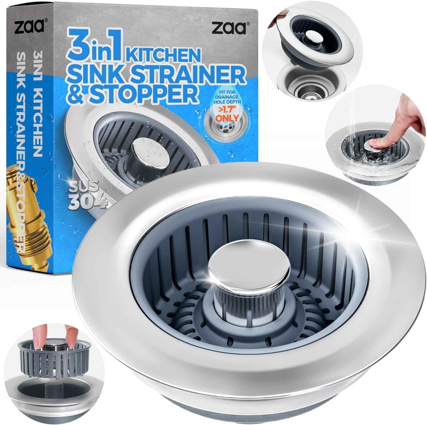 Stainless Steel 3 in 1 Kitchen Sink Drain Strainer & Stopper with Anti-Clogging Basket, fits US Standard 3-1/2'' Sink Drain Hole, Silver