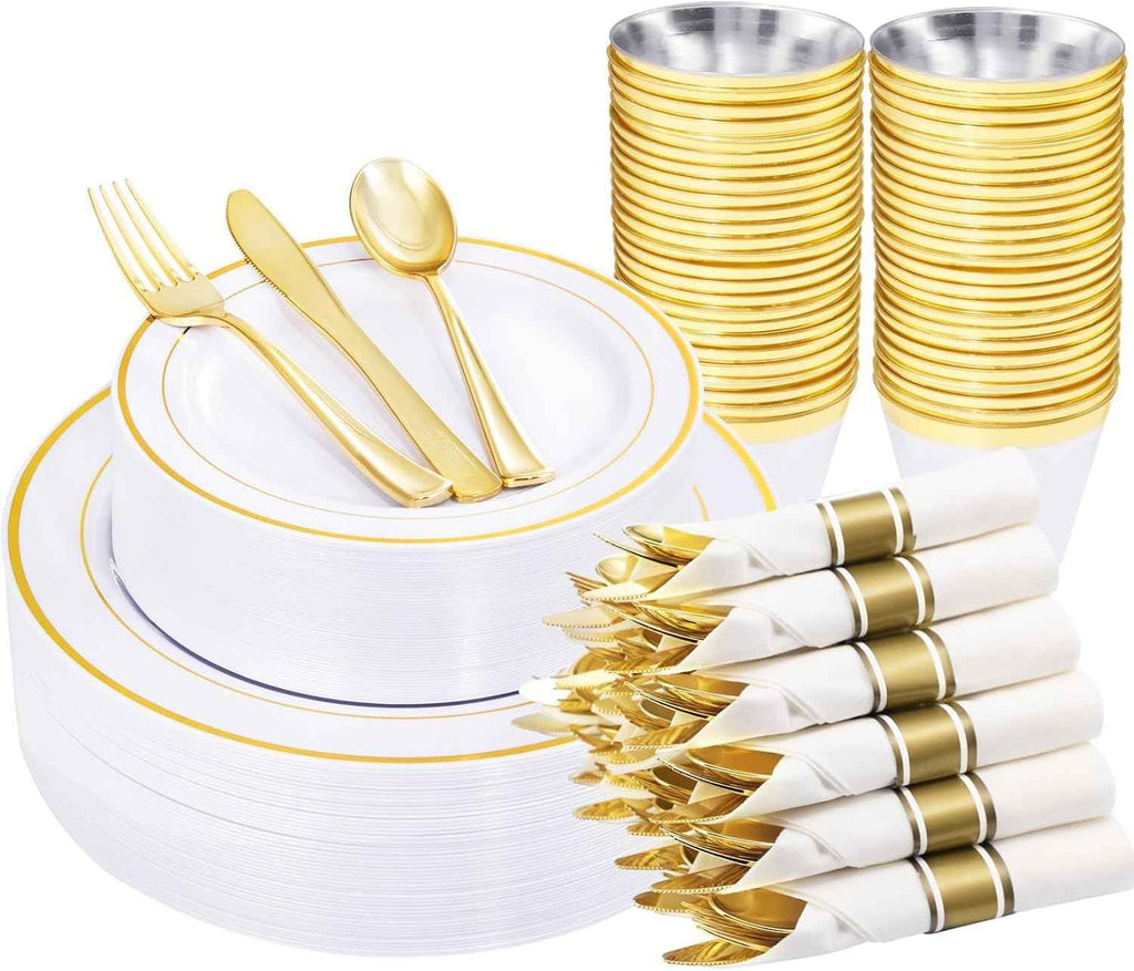 WELLIFE 700 Pieces Silver Plastic Dinnerware Set for 100 Guests - Includes Plates, Cups, Napkins, and Disposable Cutlery - Elegant White & Silver Design, Perfect for Parties and Events