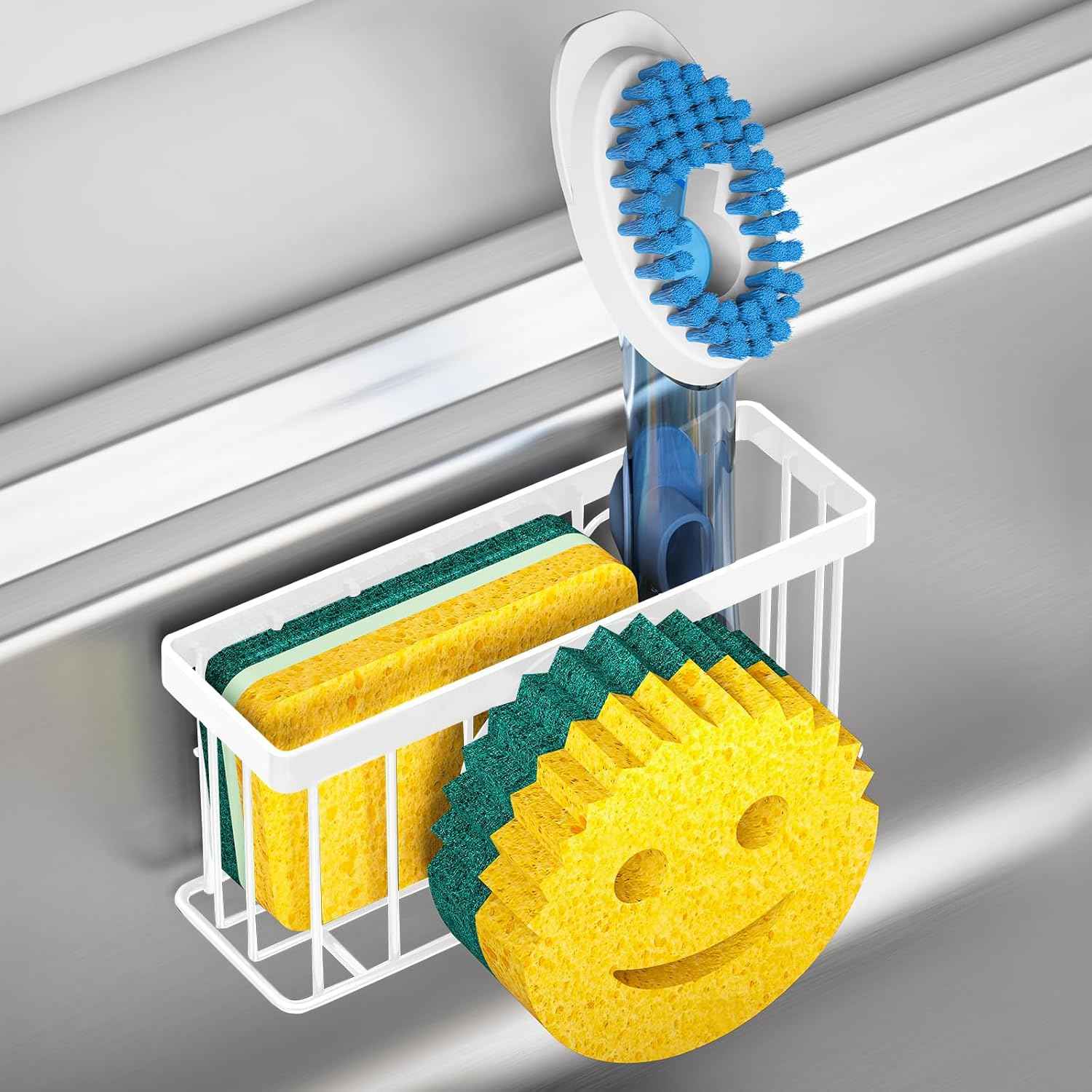 Sponge Holder Smiley Face,Sink Caddy,Sink Organizer with 2 Suction Cups/1 Adhesive Strips,Designed for Sponge,Soap,Dish Brush,Scrubber - Black