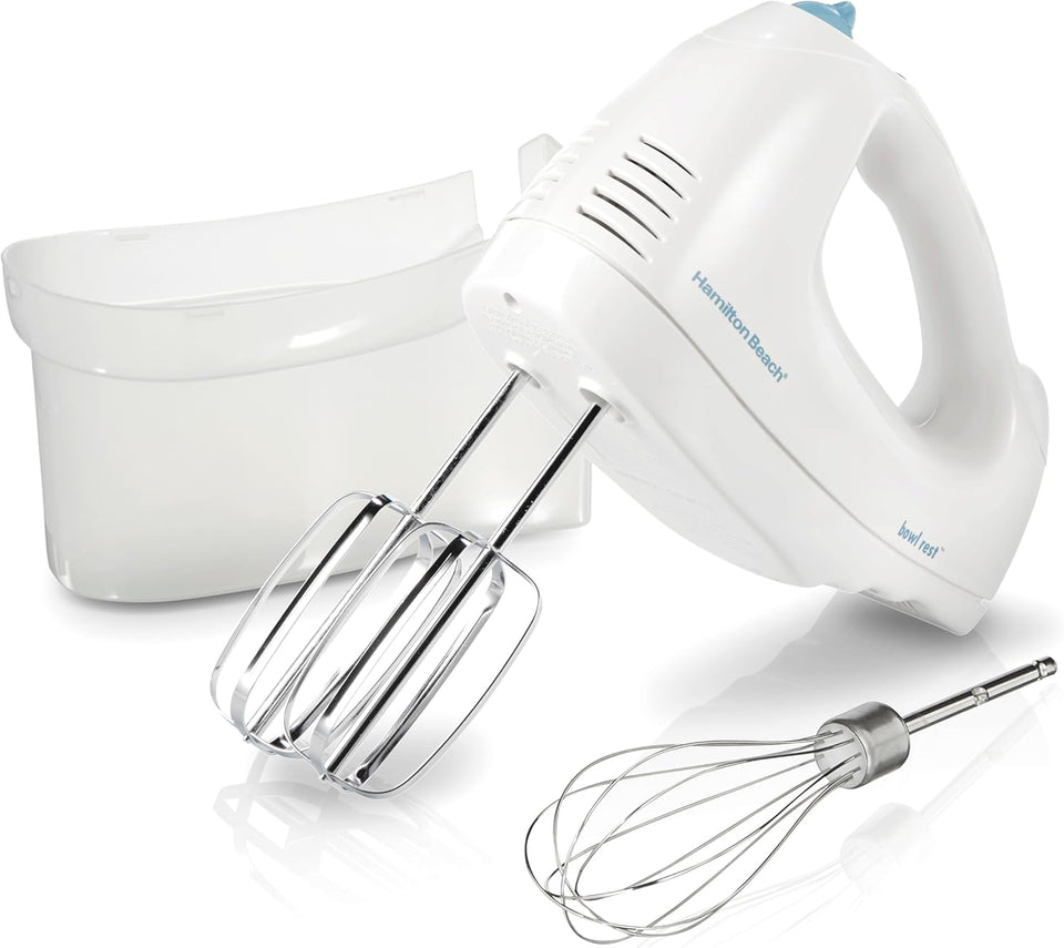 Hamilton Beach 6-Speed Electric Hand Mixer with Whisk, Traditional Beaters, Snap-On Storage Case, 250 Watts, White