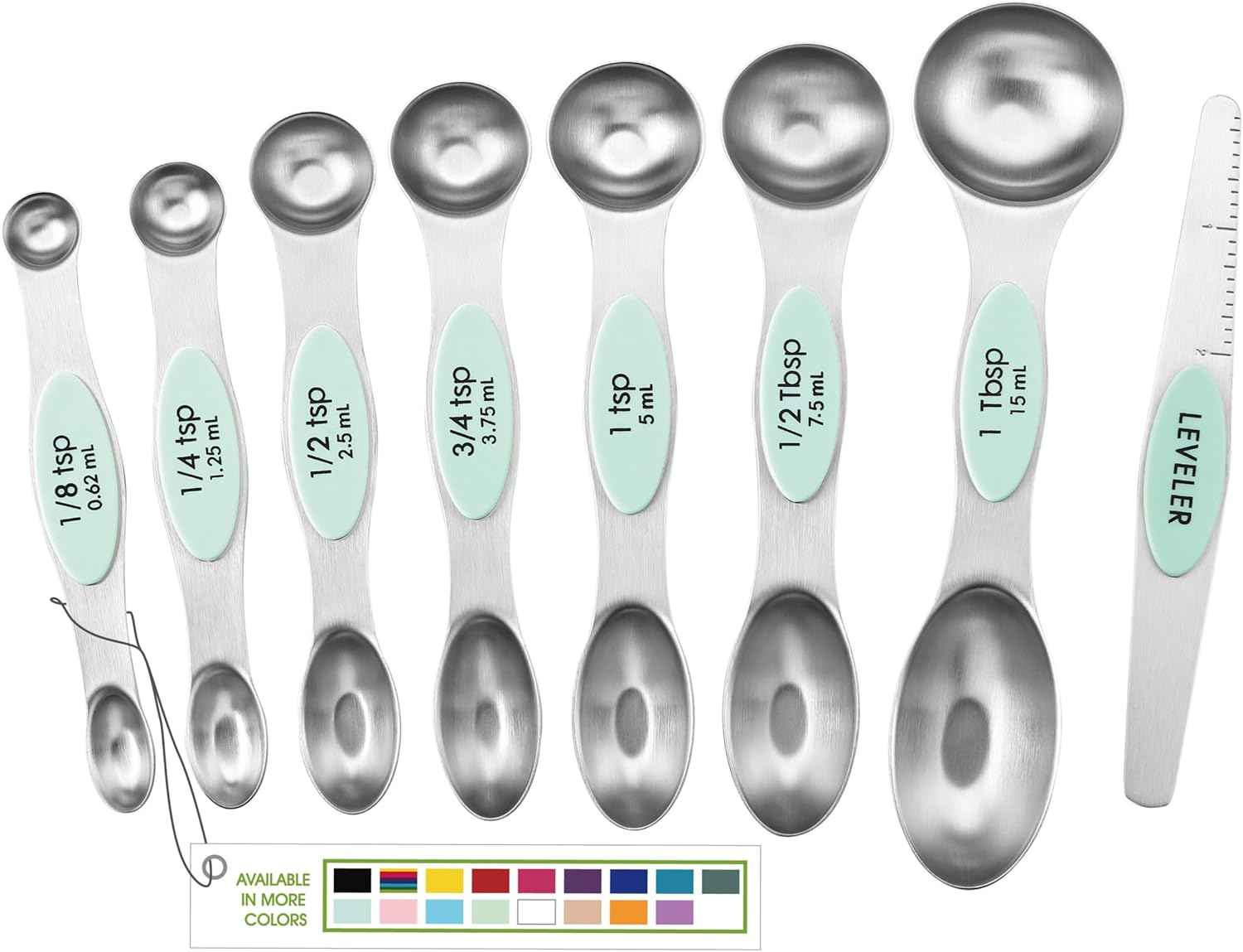 Spring Chef Stainless Steel Magnetic Measuring Spoons Set with Strong N45 Magnets, Heavy Duty Metal Kitchen Gadgets for Baking & Cooking, Fits in Most Kitchen Spice Jars, Set of 8 with Leveler, Black