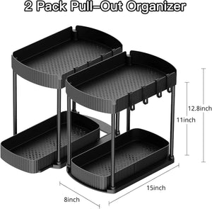 Versatile Under-Sink Organizers: 12.8" Black Pullout Storage for Bathroom & Kitchen, 2-Pack