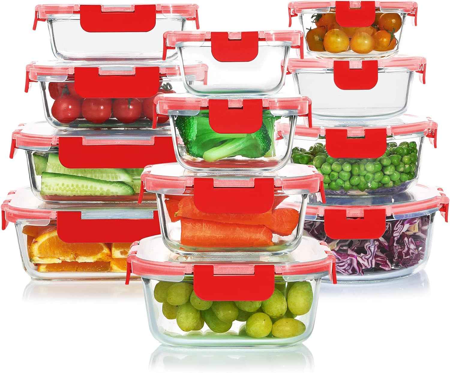 KOMUEE 24 Pieces Glass Food Storage Containers Set,Meal Prep Containers-Stackable Airtight Glass Storage Containers with lids,Freezer, Microwave, Oven Safe,Gray