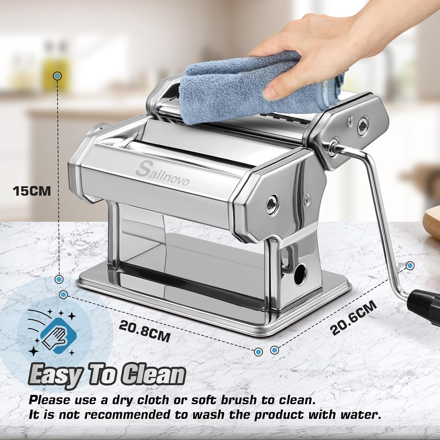 Sailnovo Pasta Maker Machine, 180 Roller Pasta Maker, 9 Adjustable Thickness Settings 2-in-1 Noodles Maker with Rollers and Cutter, Perfect for Spaghetti, Fettuccini, Lasagna or Dumpling Skin Silver