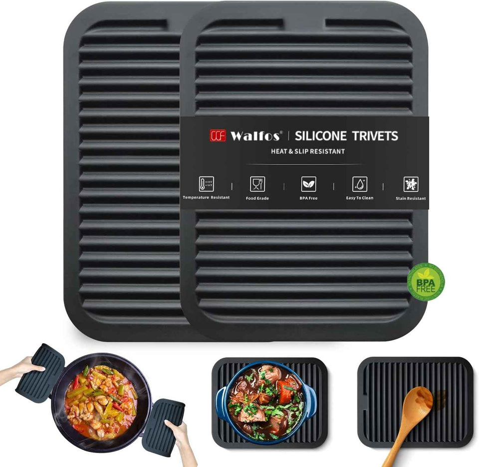 Walfos Silicone Trivet Mats - 4 Heat Resistant Pot Holders, Multipurpose Non-Slip Hot Pads for Kitchen Potholders, Hot Dishers, Jar Opener, Spoon Holder, Food Grade Silicone & BPA Free (Black)