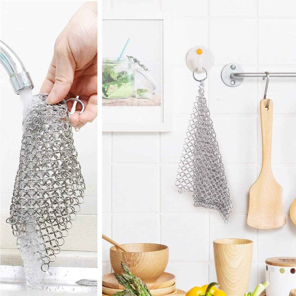 316L Stainless Steel Chainmail Scrubber for Cast Iron Cookware Cleaning