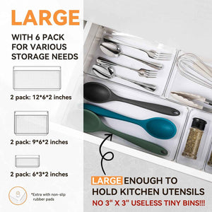 6-Pack Large Clear Plastic Drawer Organizer Trays - Acrylic Kitchen Storage Dividers for Makeup, Utensils, Bathroom & Office
