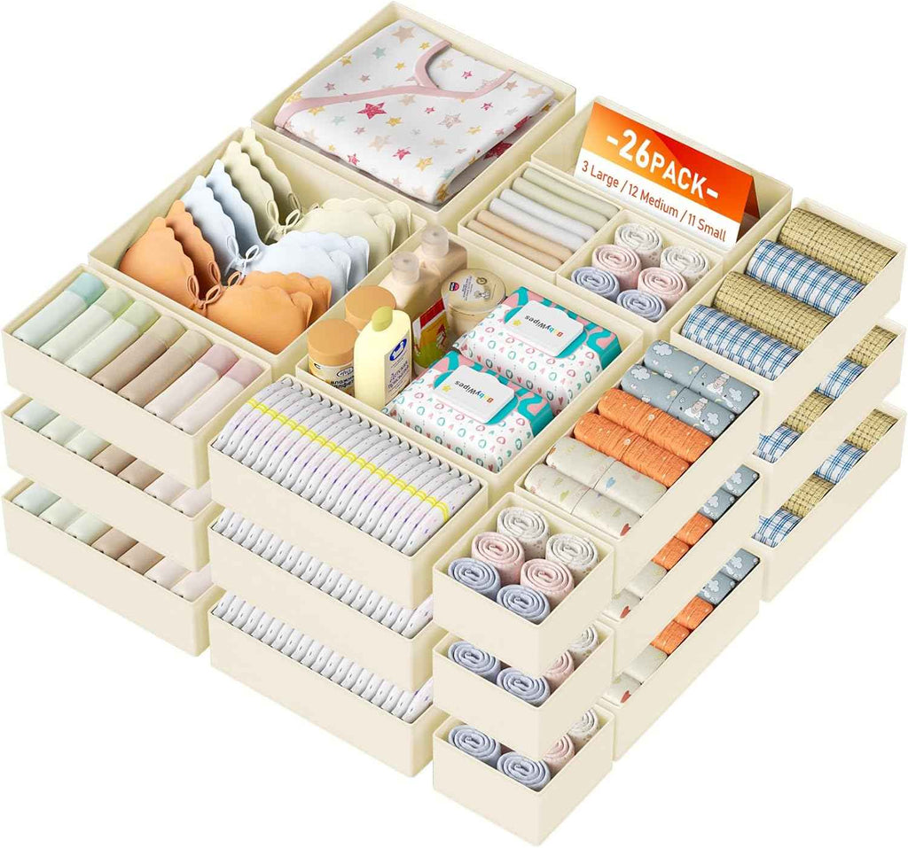 DIMJ Drawer Organizer Clothes, 12 Pack Dresser Organizer, Foldable Closet Organizers and Storage, Fabric Dresser Bins, Drawer Dividers for Nursery, Baby Clothes, Underwears, Sock (Beige)