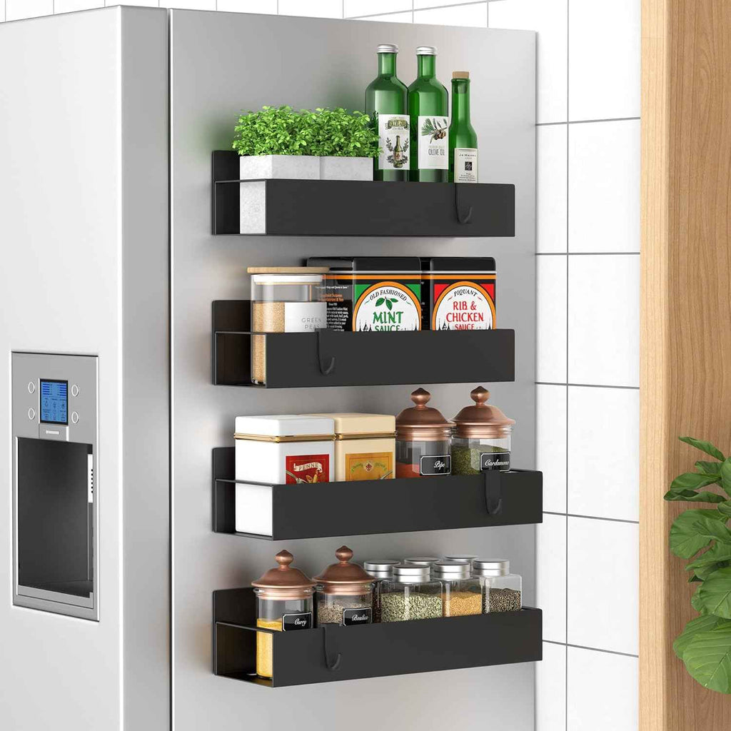 Metal 4 Pack Magnetic Spice Storage Rack Organizer for Refrigerator and Oven, Black Fridge Organizers and Storage