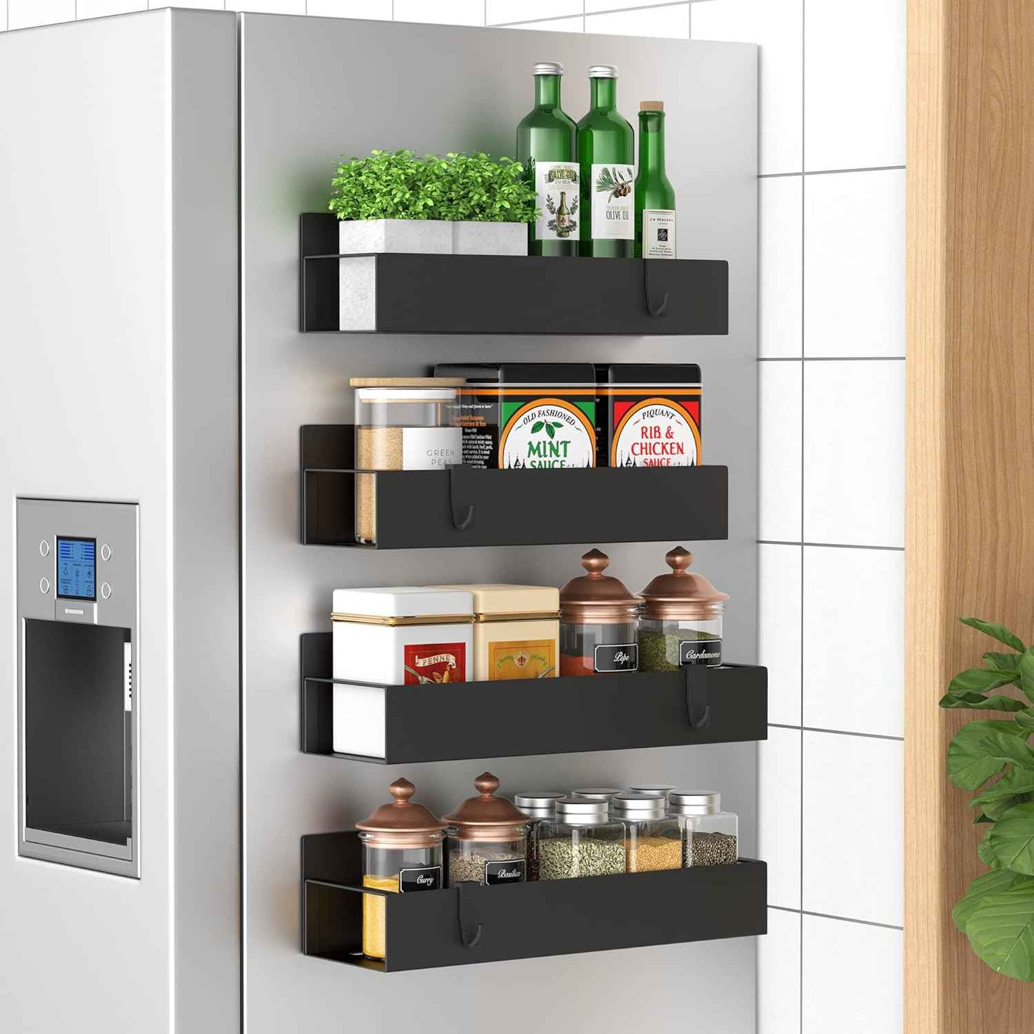 Metal 4 Pack Magnetic Spice Storage Rack Organizer for Refrigerator and Oven, Black Fridge Organizers and Storage
