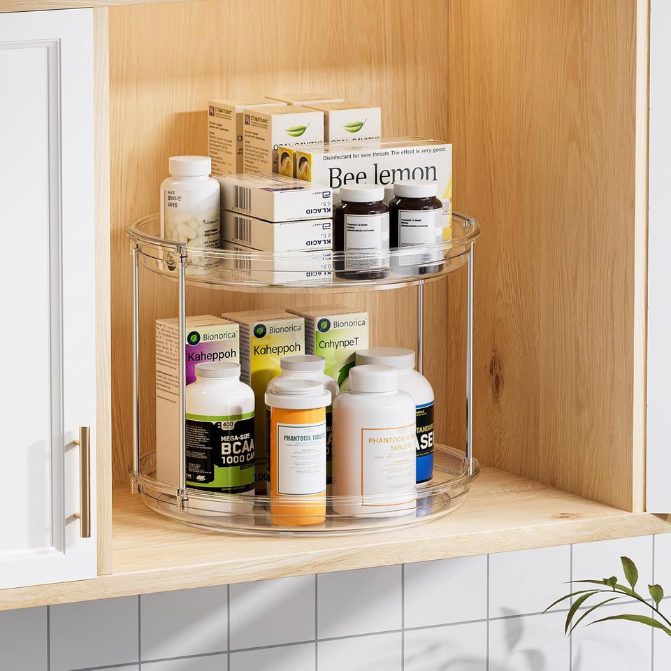 LAMU 2 Tier Lazy Susan Turntable Organizer 9.25'' Rotating Spice Rack Organization for Cabinet, Kitchen, Pantry, Countertop, Bathroom, Vanity, Medicine Cabinet Organizer, Clear