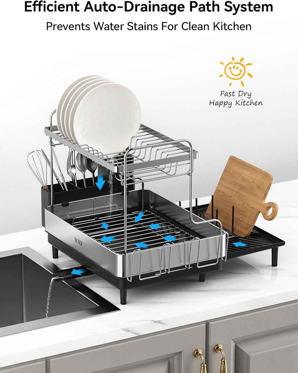 SUNLY 2 Tier Extra Large Dish Drying Rack, Expandable for Kitchen Counter, Multifunctional, Black