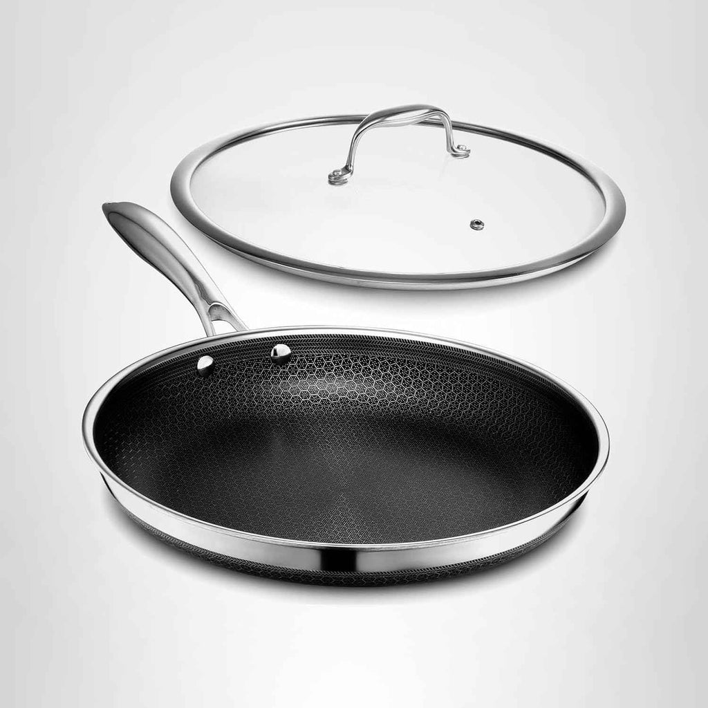 HexClad Hybrid Nonstick 8-Inch Frying Pan with Tempered Glass Lid, Stay-Cool Handle, Dishwasher-Friendly, Oven-Safe Up to 900°F, Induction Ready, Compatible with All Cooktops