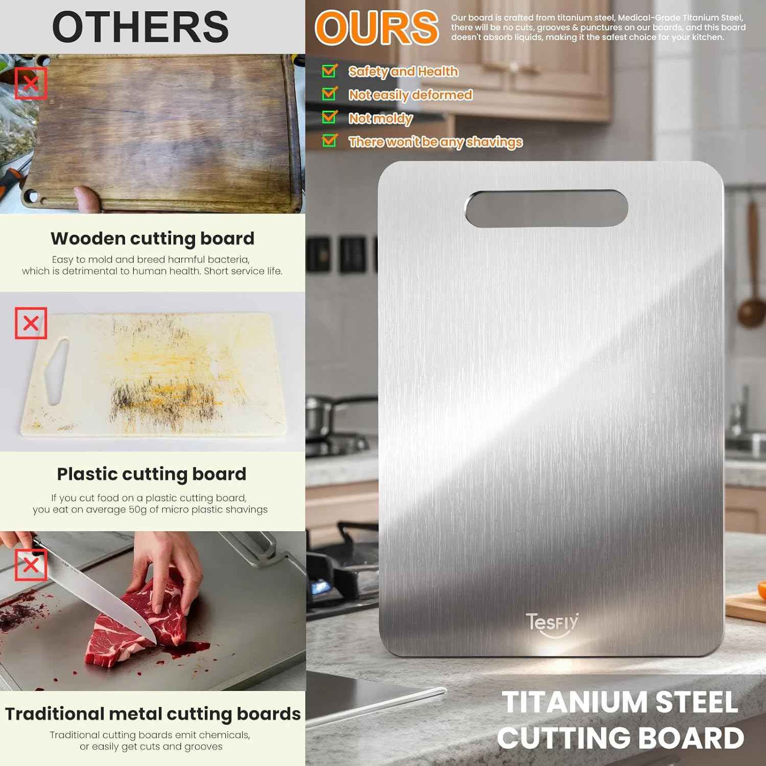 Pure Titanium 3-Pack Cutting Boards for Kitchen, Double-Sided, Easy to Clean
