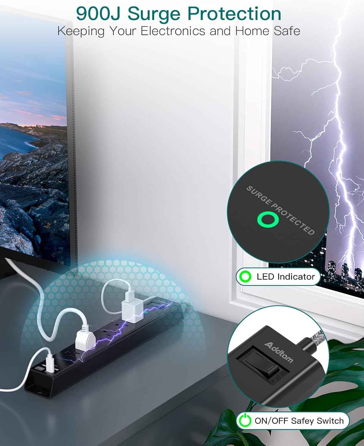 Surge protector power strip with 6 AC outlets and 4 USB ports, flat plug, 1875W/15A, overload protection