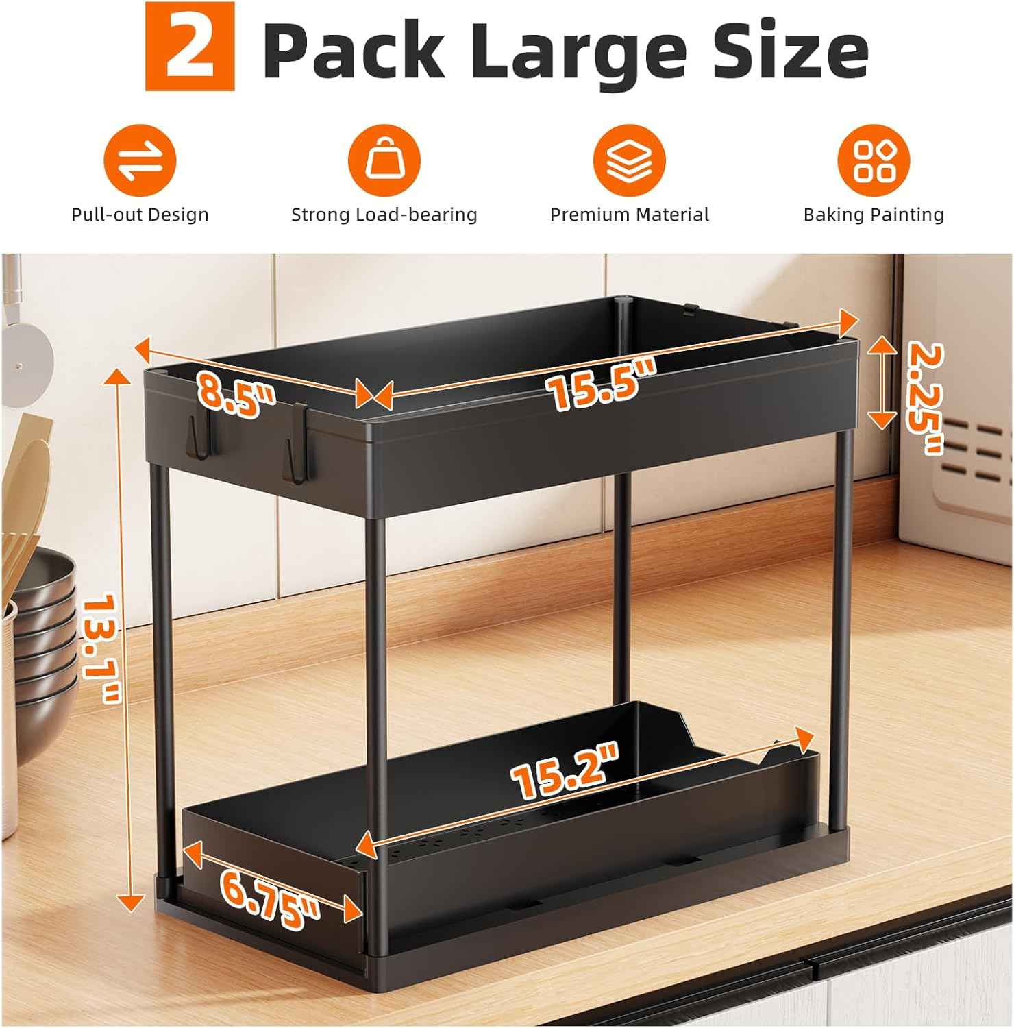 Simple Trending Under Sink Organizer 2 Pack, Sink Pull-Out Sliding Storage Cabinet, 2-Tier Under Shelf Organizer for Kitchen Bathroom, Black