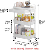 Calmootey 3-Tier Rolling Utility Cart with Drawer,Multifunctional Storage Organizer with Plastic Shelf & Metal Wheels,Storage Cart for Kitchen,Bathroom,Living Room,Office,White