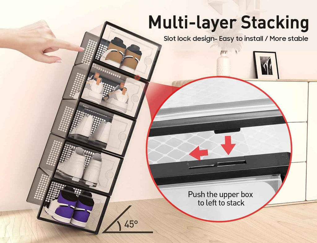 Kuject X-Large Clear Plastic Shoe Storage Boxes, Stackable 12 Pack, Black