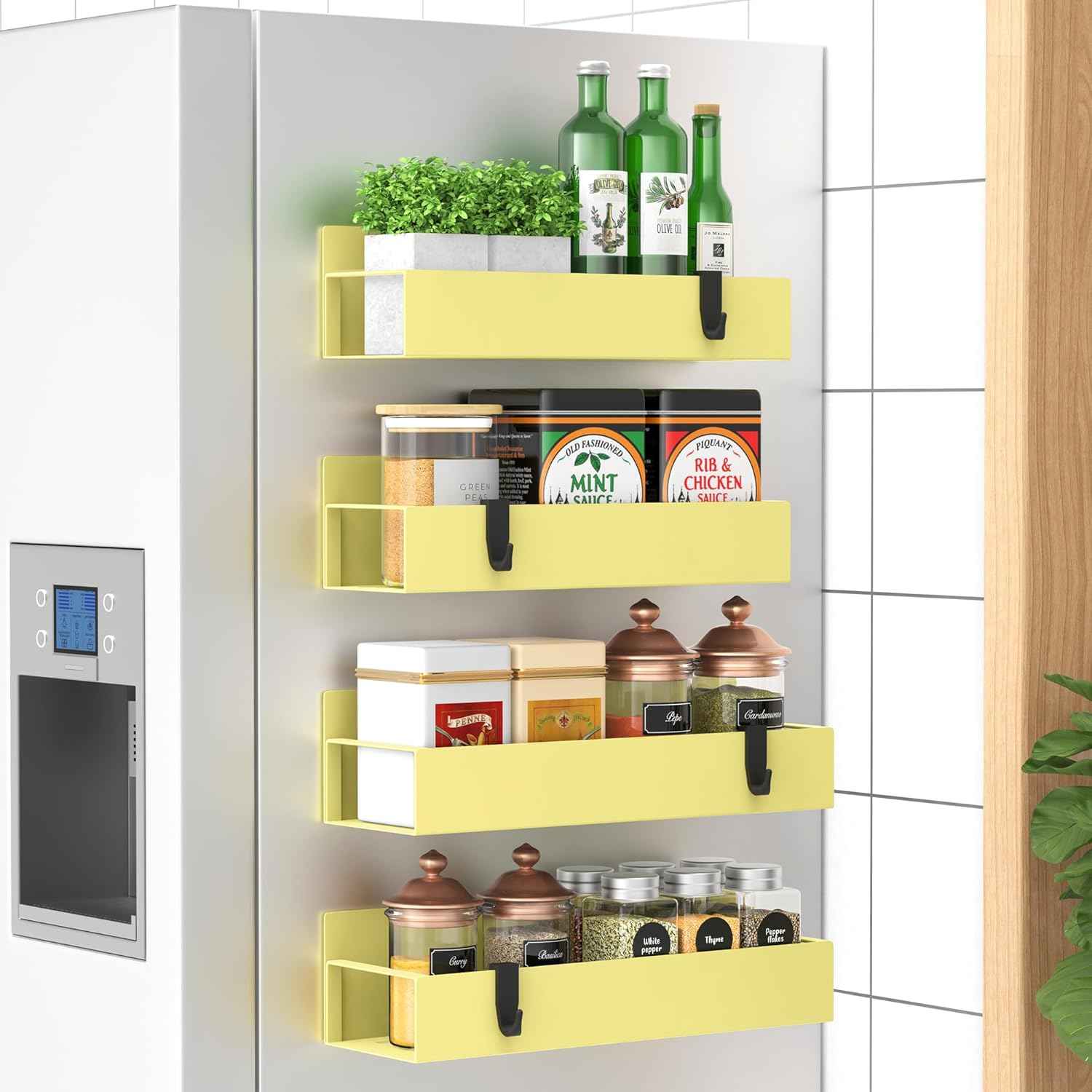 Metal 4 Pack Magnetic Spice Storage Rack Organizer for Refrigerator and Oven, Black Fridge Organizers and Storage