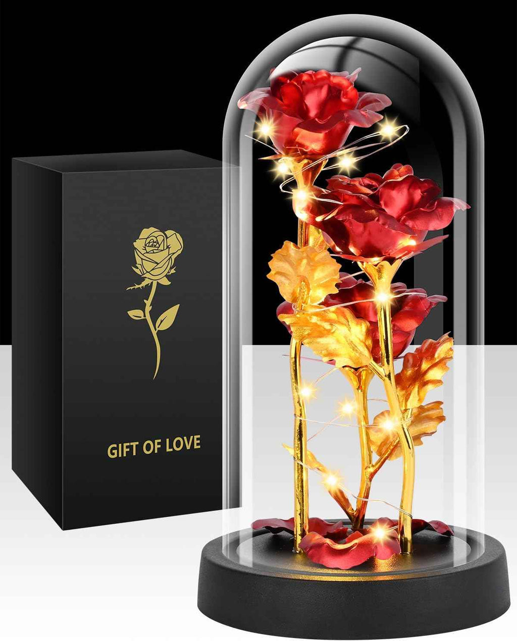 Red Valentines Day rose gift for her, women's light up glass rose in a dome, birthday gifts for women