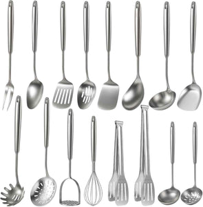 Newness 16 Pcs Cooking Utensils Set, 304 Stainless Steel Kitchen Utensils Set, Metal Kitchen Accessories, Include Soup Ladle, Slotted Skimmer Spoon, Spaghetti Spoon and Spatula, Dishwasher Safe