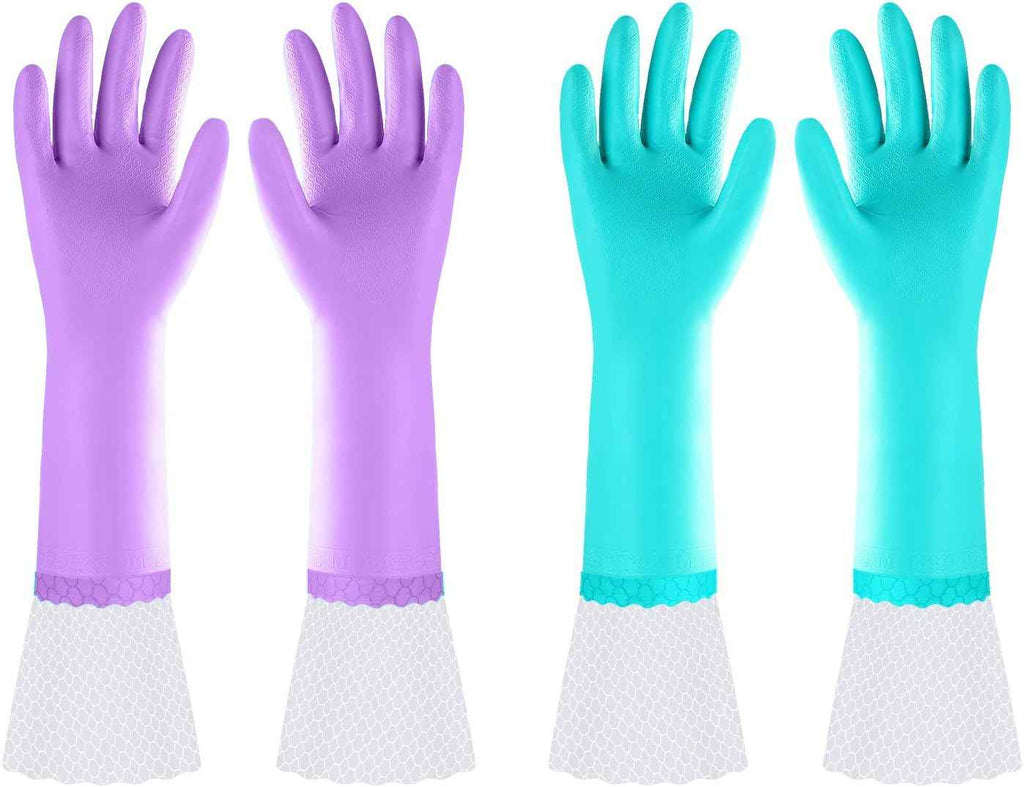 Elgood Reusable Dishwashing Cleaning Gloves with Latex free, Cotton lining,Kitchen Gloves 2 Pairs,Purple+blue Medium