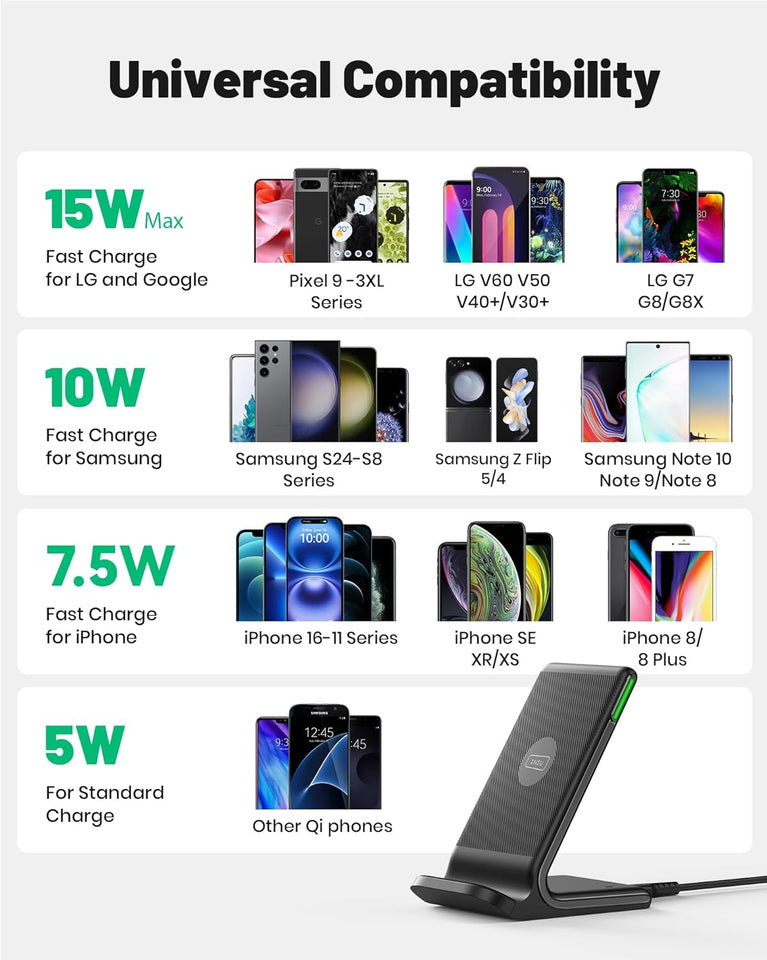 INIU Wireless Charger, 15W Fast Qi Certified Wireless Charging Station with Sleep-Friendly Adaptive Light Compatible with iPhone 16 15 14 13 Pro XS 8 Plus Samsung Galaxy S25 S24 S23 Note 20 Google etc - ShopUS