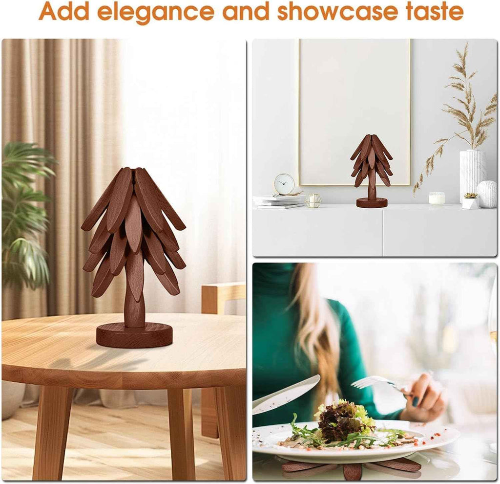 Wooden Tree Shape Coasters and Trivet Set, 4 Wooden Trivets + 1 Stand, Brown