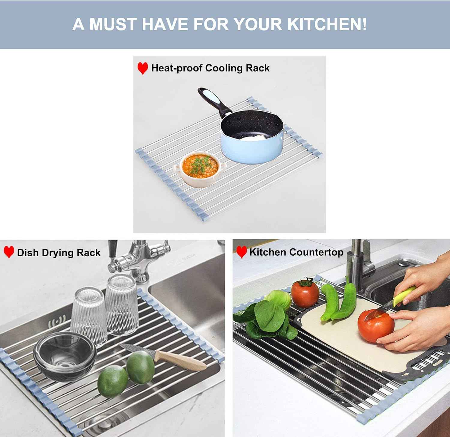 MECHEER Over The Sink Dish Drying Rack, Roll Up Dish Drying Rack Kitchen Dish Rack Stainless Steel Sink Drying Rack, Foldable Dish Drainer, Gray