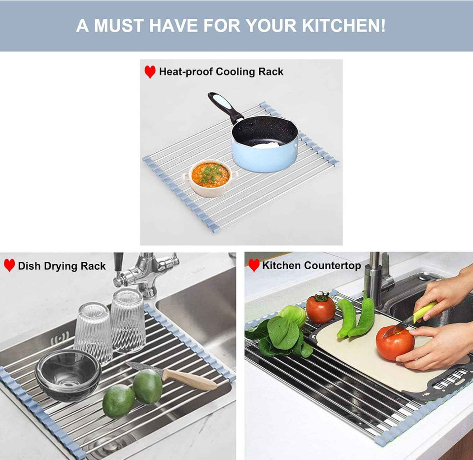 Over The Sink Dish Drying Rack, Roll Up Dish Drying Rack Kitchen Dish Rack Stainless Steel Sink Drying Rack, Foldable Dish Drainer, Gray