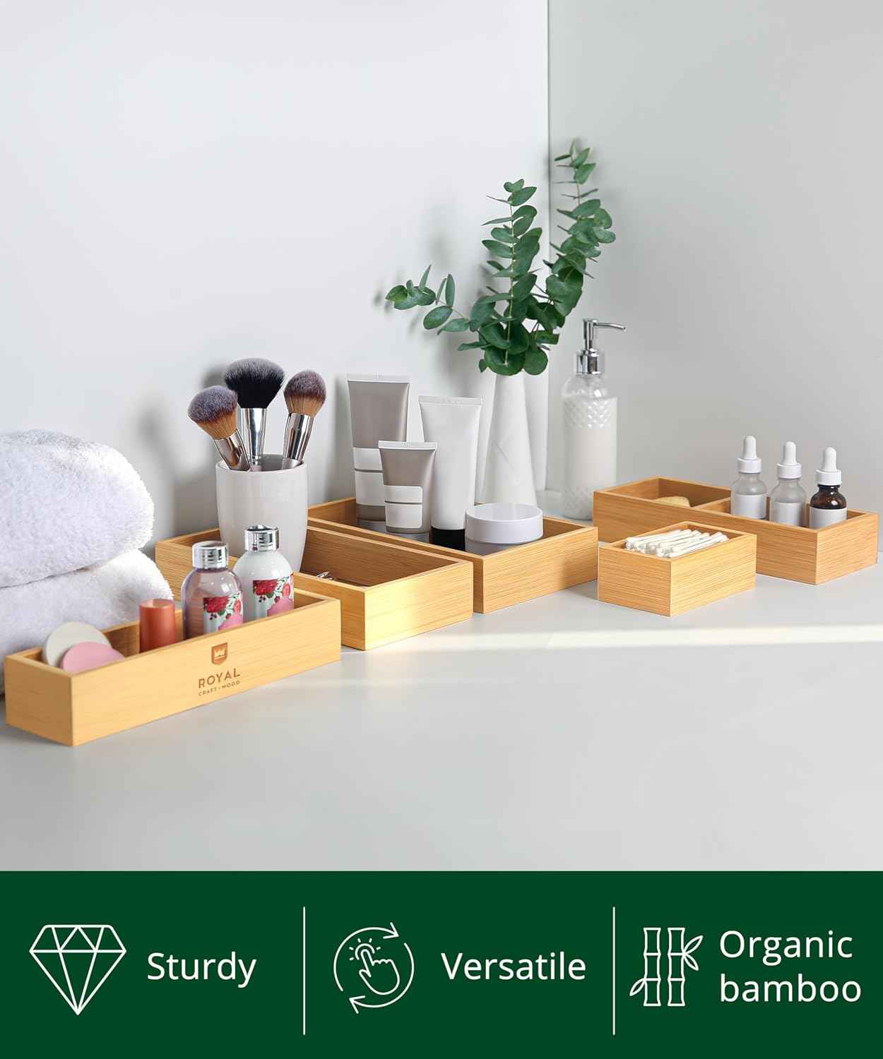 ROYAL CRAFT WOOD 5-Piece Bamboo Drawer Organizer Set – Multi-Use Storage Trays for Kitchen, Bathroom, Office, Makeup, Jewelry & More – Junk Drawer Tray, Utensil Holder, Storage Box & Bin Set (5 Boxes)