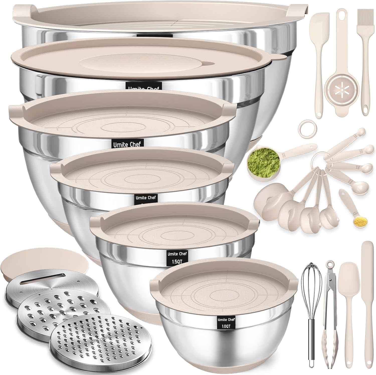 26-piece stainless steel mixing bowls set with airtight lids, grater attachments, and kitchen gadgets, sizes 7, 4, 2.5, 2.0, 1.5, 1QT, non-slip bottoms, great for mixing and serving