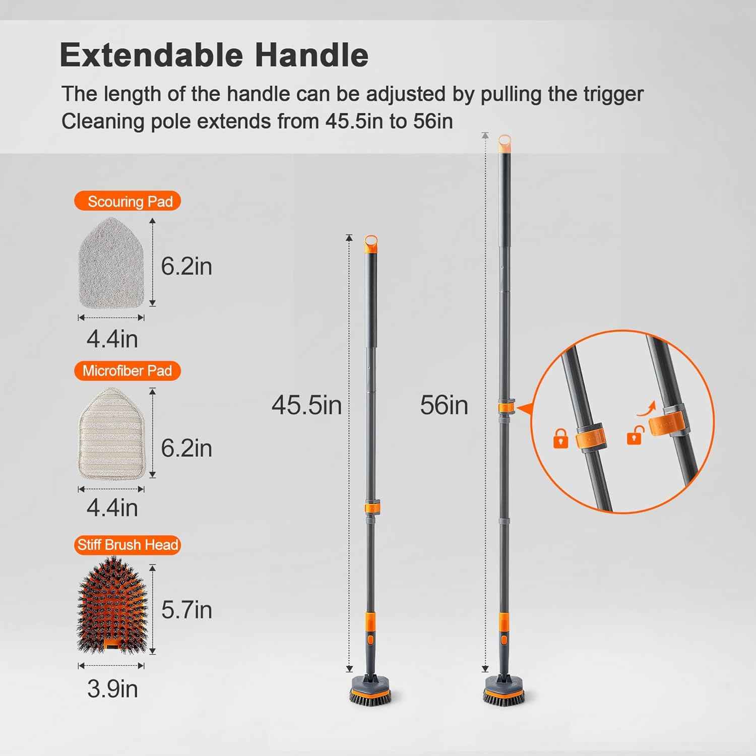Tile Tub Scrubber Brush - 56 inch Extendable Handle, 3 Cleaning Heads, No-Scratch for Bathroom and Kitchen