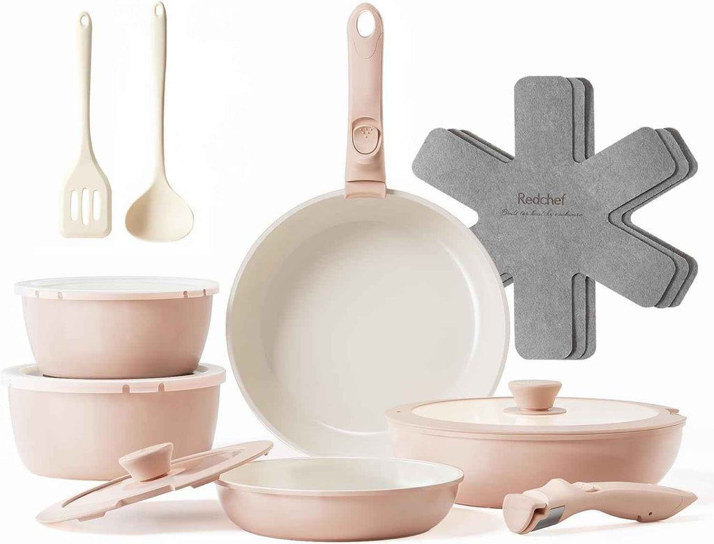 Redchef Ceramic Pots and Pans Set, Nonstick Kitchen Cookware Set with Detachable Handle, Non Toxic Cookware Set 16pcs, PFAS PFOA & PTFE Free, RV Ceramic Cookware for Camping, Dishwasher/Oven Safe
