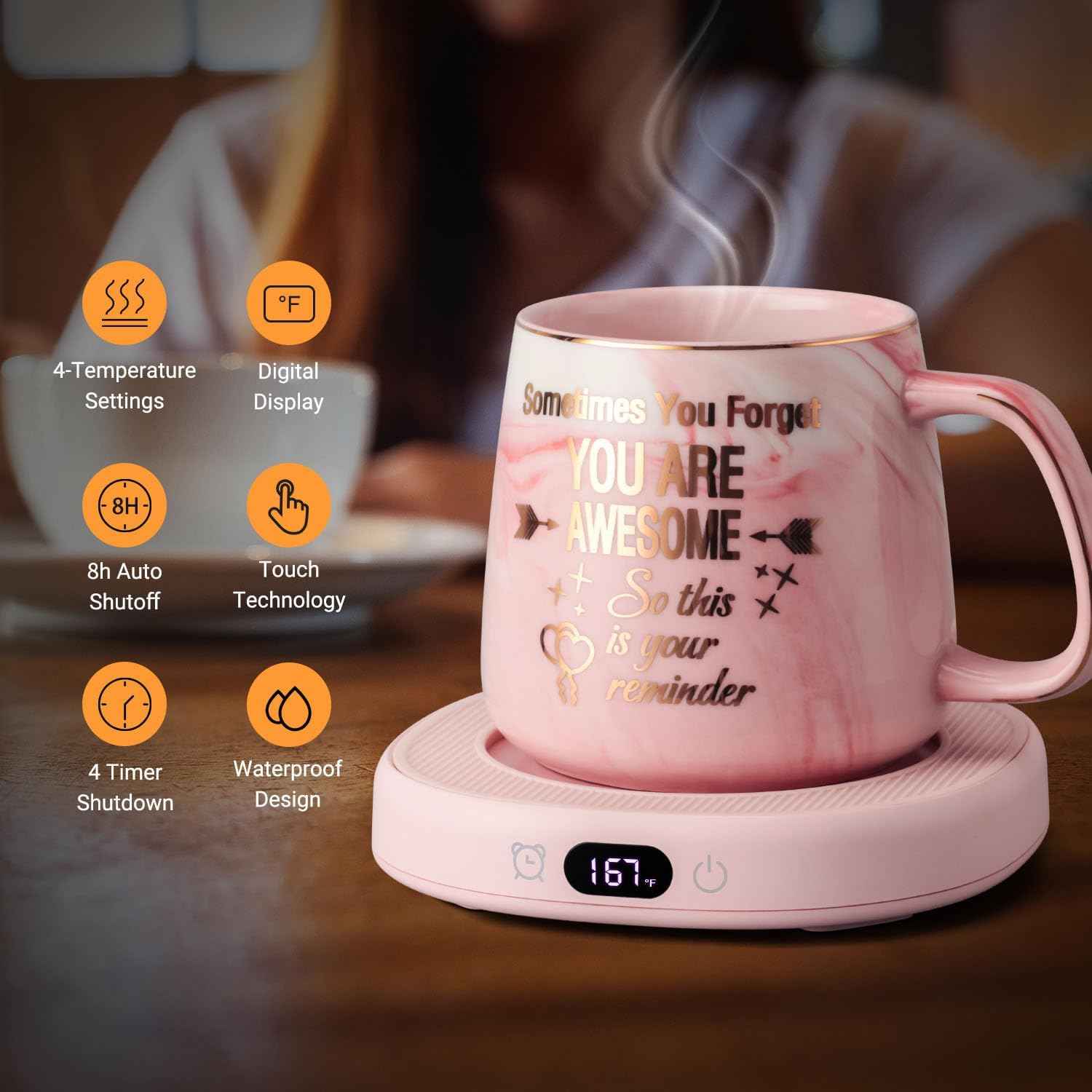 Electric Coffee Mug Warmer & You are Awesome Mug Set, Desk Beverage Warmer with 4 Temperature Settings, Auto Shut Off