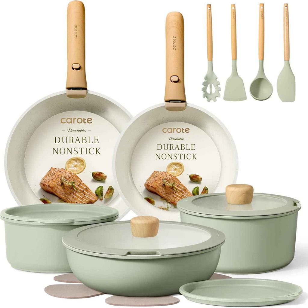 CAROTE 19pcs Nonstick Cookware Set with Detachable Handle, Induction Ready, Oven Safe, Sage Green, RV Cookware