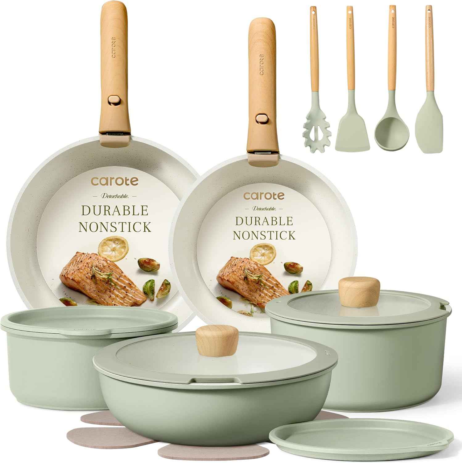 CAROTE 19pcs Nonstick Cookware Set with Detachable Handle, Induction Ready, Oven Safe, Sage Green, RV Cookware