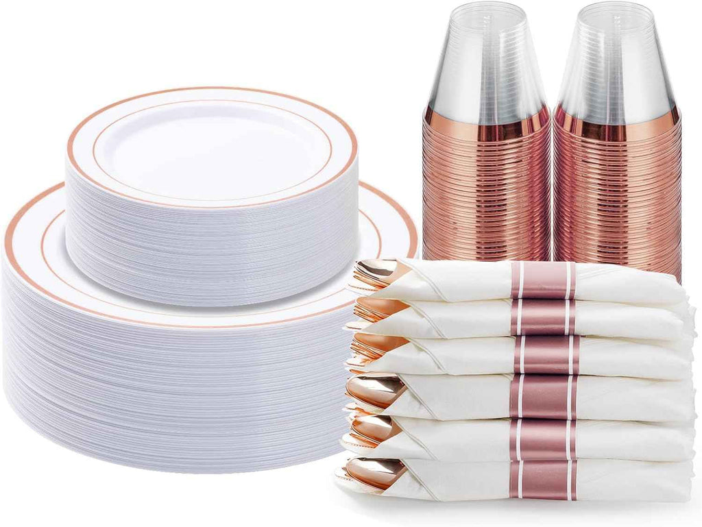 BESTVIP 700PCS Gold Plastic Dinnerware Set for 100 Guests, Disposable Plates for Party, Include: 200 Plastic Plates, 100 Pre Rolled Napkins with Gold Silverware, 100 Cups for Christmas, Halloween