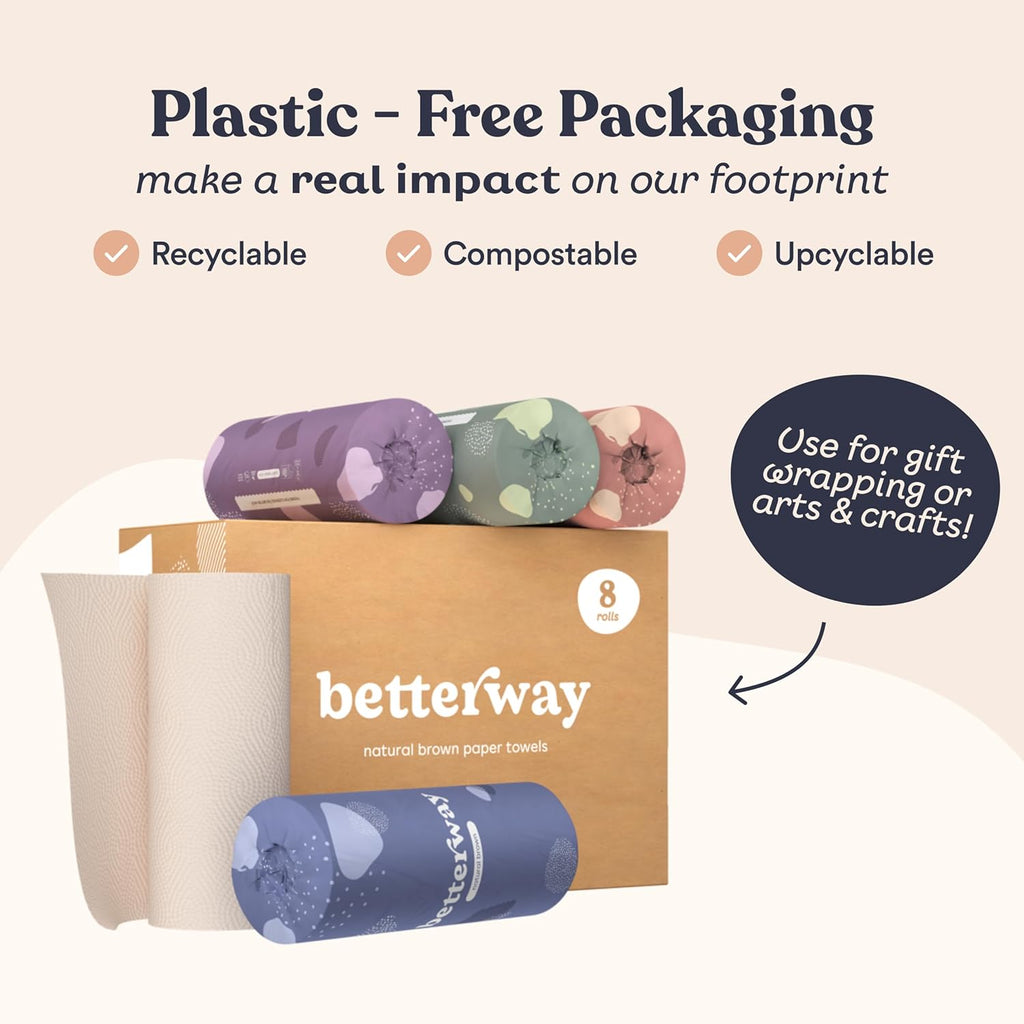 Betterway Bamboo Natural Brown Paper Towels - 8 Rolls, 2 Ply, 110 sheets - Plastic Free, PFAS Free, Disposable Kitchen Paper Towels - Select Size, Tree Free, Compostable, Strong & Absorbent - ShopUS