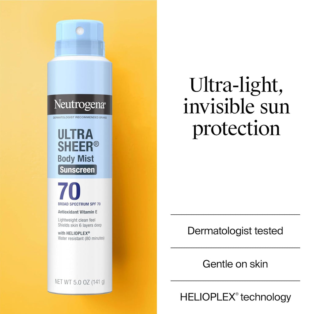 neutrogena ultra sheer body mist sunscreen spray, 3-pack, broad spectrum spf 70, non-greasy & water resistant