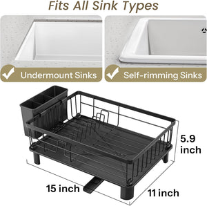 SNTD Dish Drying Rack - Space-Saving Dish Rack for Kitchen Counter, Stainless Steel Dish Drainer with Utensil Holder and Drainboard, 11" W x 15" L (Black)