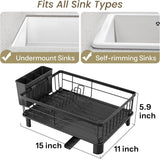 SNTD Dish Drying Rack - Space-Saving Dish Rack for Kitchen Counter, Stainless Steel Dish Drainer with Utensil Holder and Drainboard, 11" W x 15" L (Black)