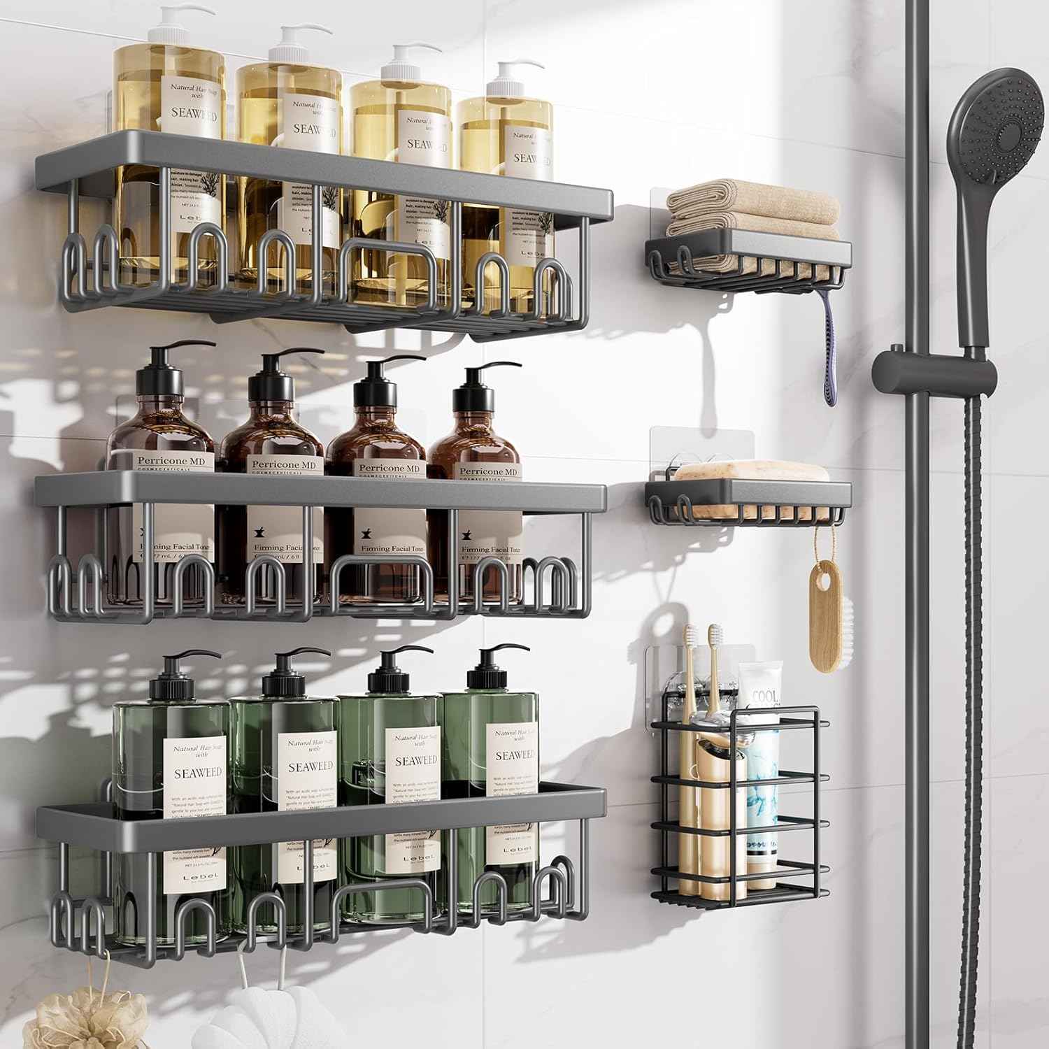 Veken Shower Caddy 6-Pack, Advanced Rustproof Design, No Drilling Adhesive Shelves, Rack with Soap Holder, Large Capacity Bathroom Organizers and Storage, Wall-Mounted Kitchen & Home Decor