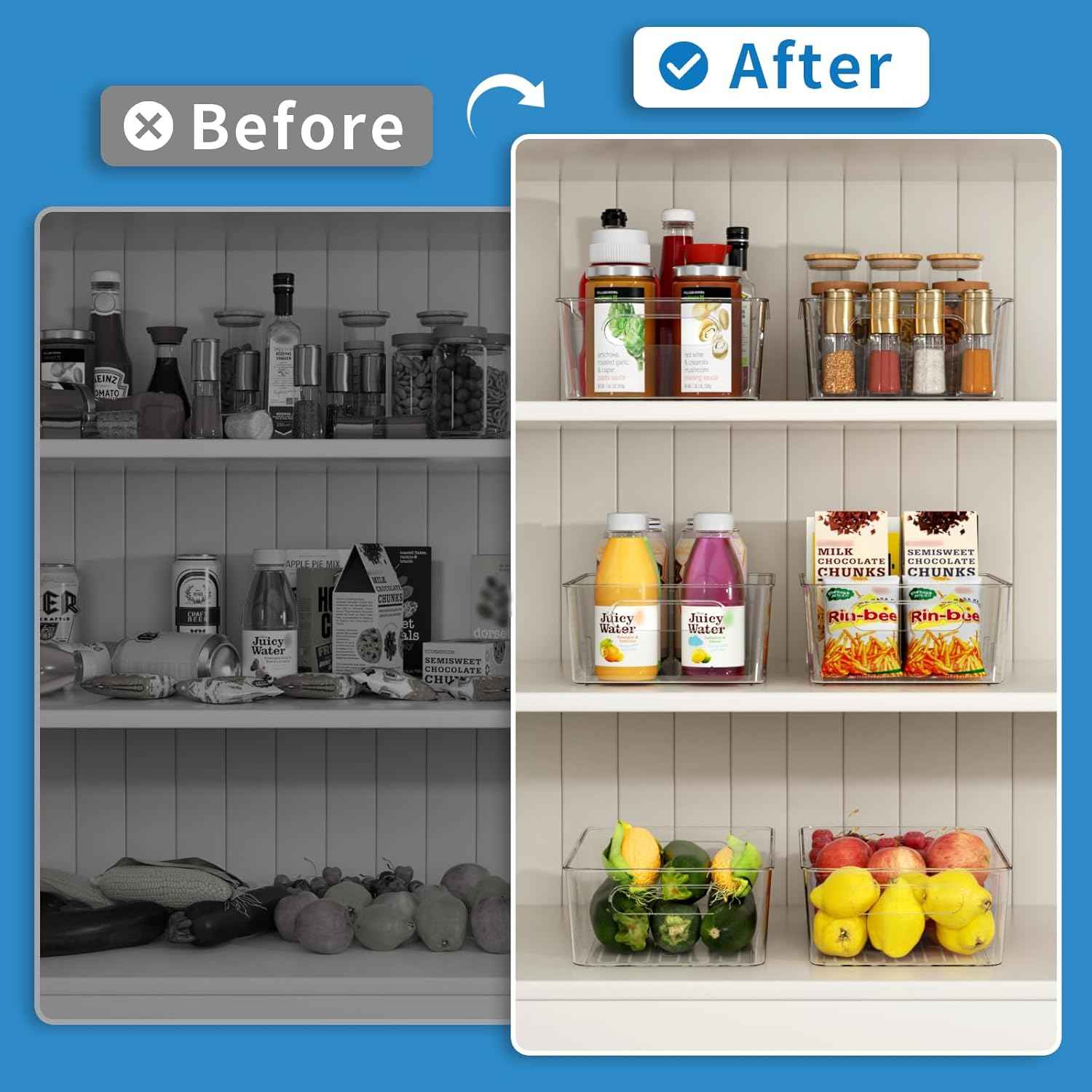 6 Pack Pantry Organizers and Storage,Clear Plastic Containers with 2 Dividers for Kitchen,Fridge Organization and Storage,Acrylic Bins for Pounches,Spice Packet,Snack organzier