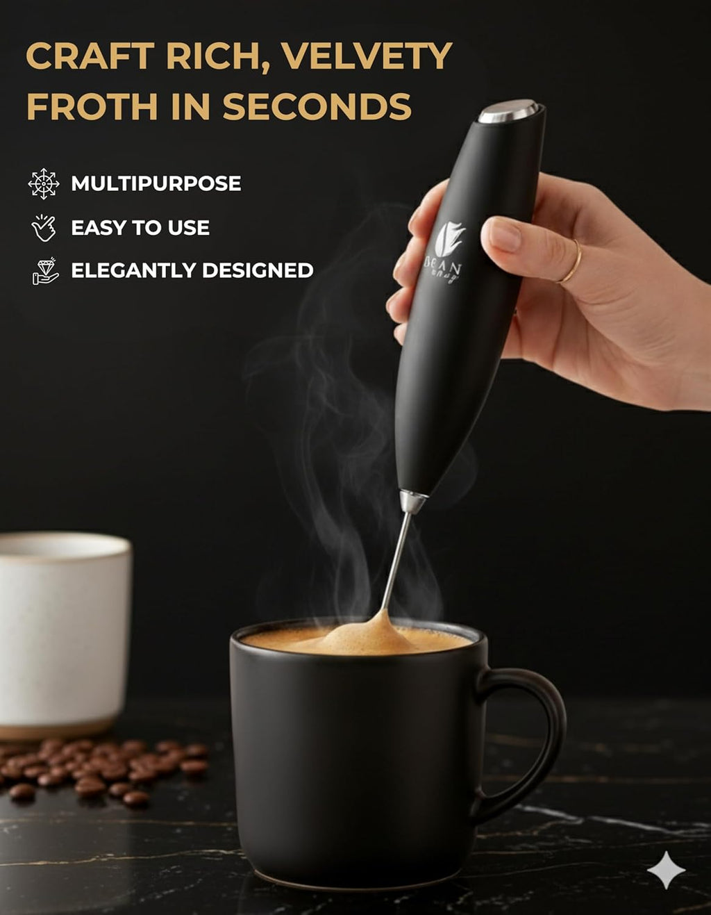 Bean Envy Milk Frother, Coffee Stirrers, Frother Wand, Milk Frother Handheld, Frother with stand, Hand Blender for Coffee, Lattes, Cappuccino, Matcha and Hot Chocolate – Kitchen Gifts - Black